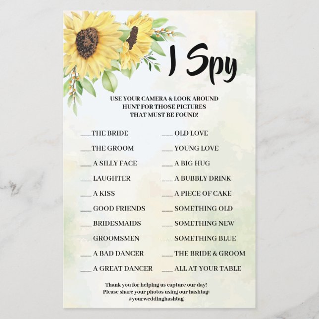Flyer I Spy Sunflower Recepção de casamento Game Card (Frente)
