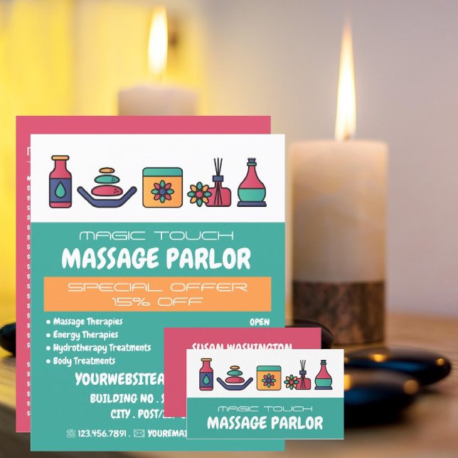 Flyer Ícones de Massagem, Terapia de Massagem, Casa de M (Criador carregado)