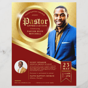 Flyer Igreja de Apreciação do Pastor Vermelho e Dourado 