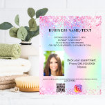 Flyer Instagrama de código qr de foto holográfica comerc<br><div class="desc">Personalize e adicione seu nome,  endereço,  texto,  foto,  seu próprio código QR à sua conta de instagram. Cor-de-rosa-claro,  roxo,  ouro-rosa,  verde-menta,  fundo holográfico decorado com faíscas de brilho sujo.</div>