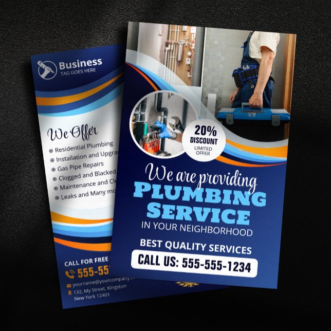Flyer Instalação de Canalização Moderna Azul Laranja (Criador carregado)