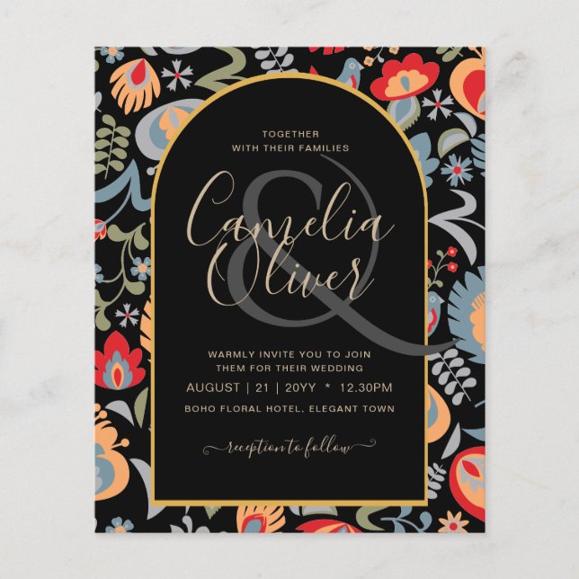 Flyer invitación bilingüe de boda de flores, popular, (Frente)