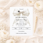 Flyer Ivory bow pearls Graduation party Save the Date<br><div class="desc">Please note that this Save the Date is on flyer paper and very thin. For premium paper and/or digital download please visit our store. Announce your milestone with this Coquette Graduation Save the Date. The design features a lush ivory bow embellished with delicate pearl strands and a classic mortarboard icon....</div>