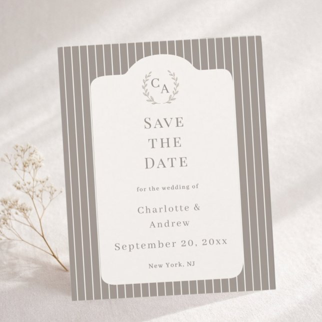 Flyer Ivory Taupe Pinstriped Wedding Save the Date (Criador carregado)