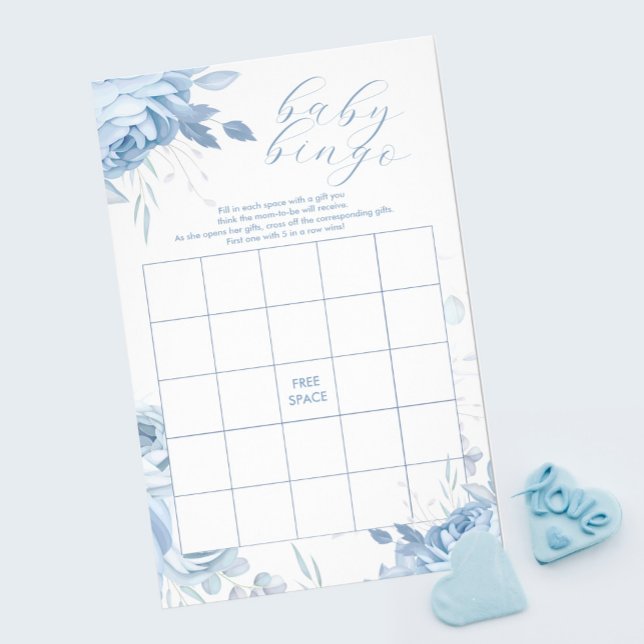 Flyer Jogo de BINGO de Chá de Bebê com Flores Azuis Empo (Criador carregado)