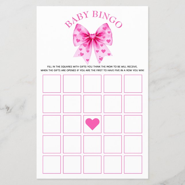 Flyer Jogo de Bingo para chá de bebê de menina com laço  (Frente)
