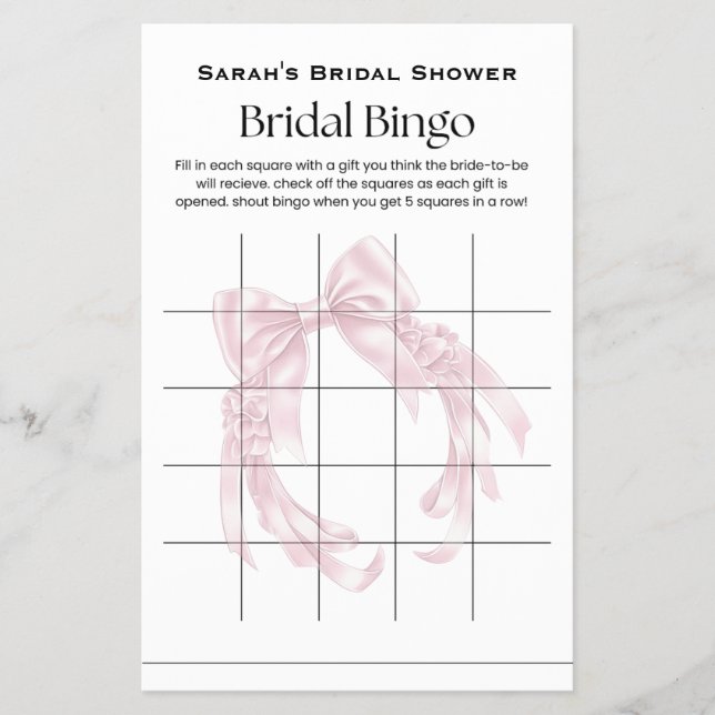 Flyer Jogo de Bingo para Chá de Noiva com Laço Rosa (Frente)