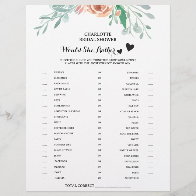 Flyer Jogo de Chá de Noiva Floral 'Would She Rather' (Frente)