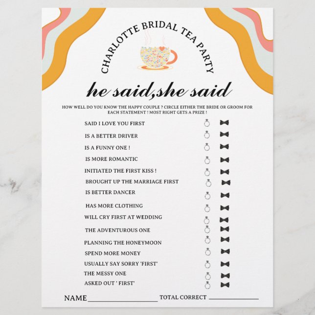 Flyer Jogo de Chá de Noiva Retro Ele Disse Ela Disse  (Frente)