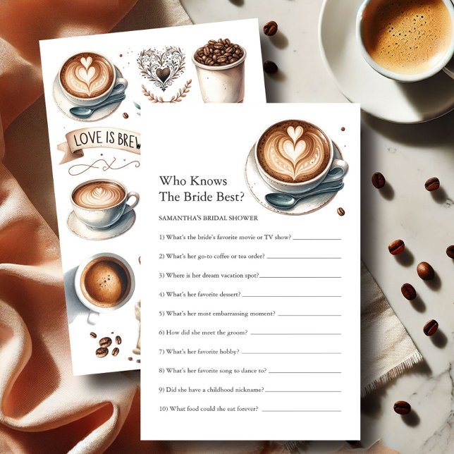 Flyer Jogo de Perguntas para Chá de Noiva Tema Amor em F (bridal shower games for a love is brewing coffee bridal shower theme)