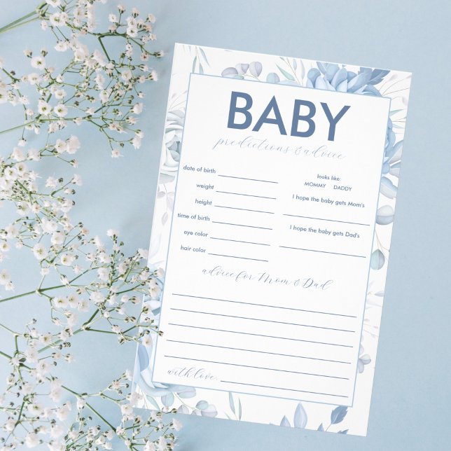 Flyer Jogo de Previsões e Conselhos para Bebê com Floral (Blue Floral Baby Predictions and Advice Baby Shower Game)