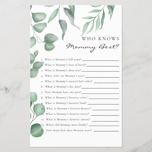 Flyer Jogo do Chá de fraldas Eucalyptus que conhece a me (Frente)