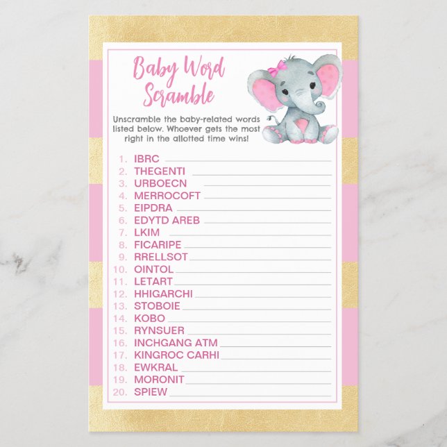 Flyer Jogo Dourado Pink Elepher Baby Word Scramble (Frente)