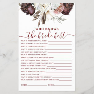 Flyer Jogo para Chuveiro de Noiva Boho Burgundy Roses ou