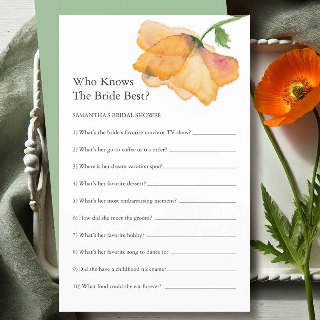 Flyer Jogos De chá de panela Você Conhece A Noiva Floral (bridal shower questions game designed with hand painted watercolor orange poppy flowers)