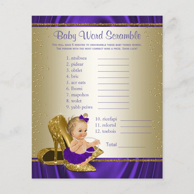 Flyer Jogos para Chás de Bebê Menina Roxo e Dourado (Frente)