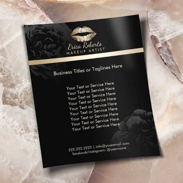 Flyer Lábios Dourados Black Floral Makeup Artist Beauty  (Criador carregado)