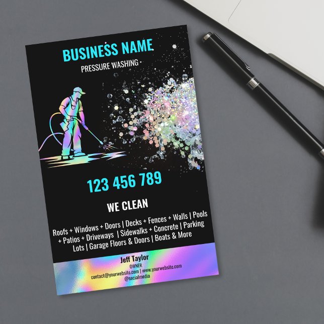 Flyer Lavagem à Alta Pressão de Pátio de Entrada (holographic power washer for residential and commercial cleaning business)