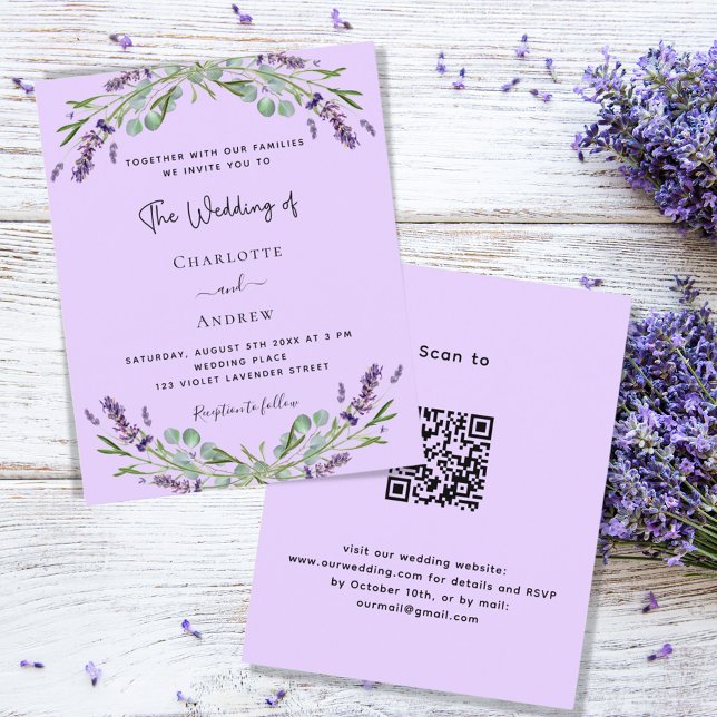Flyer Lavanda violeta QR code convite para casamento (Criador carregado)