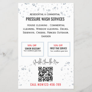 Flyer Lavar com pressão código Qr gotas de água simples