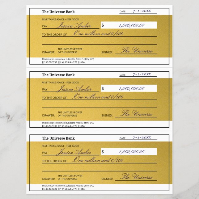 Flyer Law of Attraction 3 Blank Printable Gold Checks (Frente)