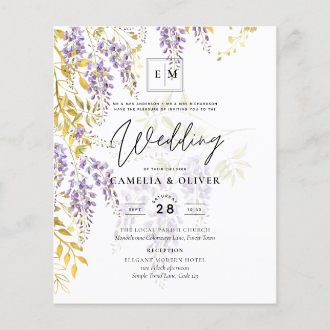 Flyer Leah G Dourado Roxo WISTERIA Convite de casamento  (Frente)