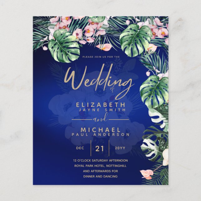 Flyer LeahG Azul Tropical Rosa Floral Casamento (Frente)