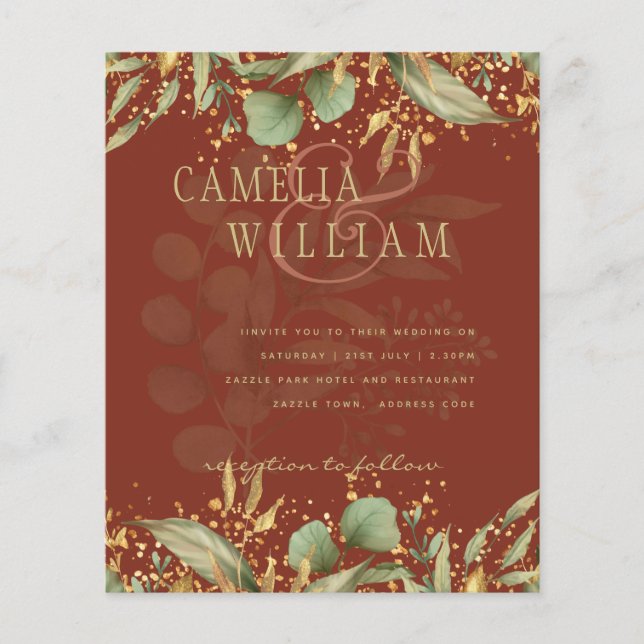 Flyer LeahG Greenery Dourado Convite de casamento MUITAS (Frente)