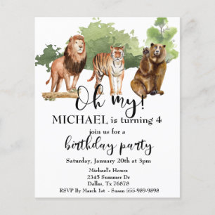 Flyer Leão Tigre Urso Oh Meu Tema de Selva Aquarela Invi