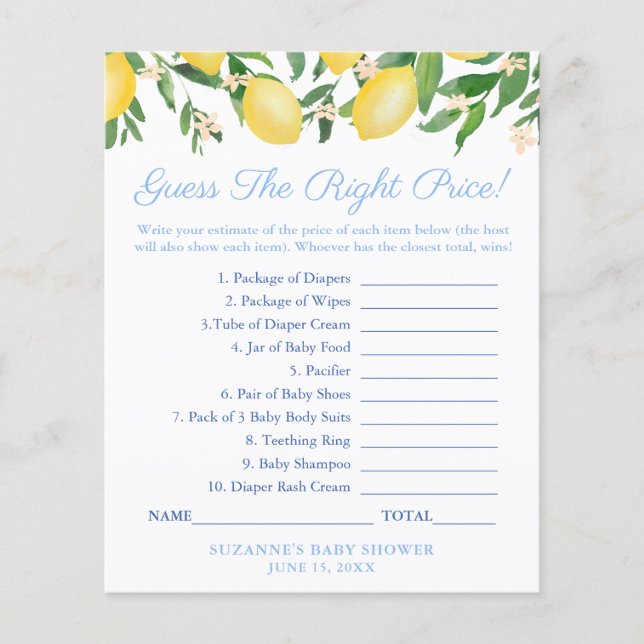 Flyer Lemons Blue Adivinha O Jogo Do Chá de fraldas De P (Frente)