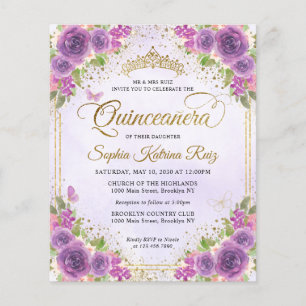 Flyer Leve Floral Barata Roxo Dourada Tiara Quinceañera
