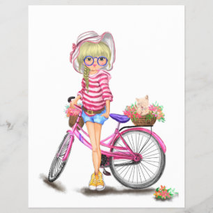 Flyer Linda Menina Loira com Bicicleta Rosa e Gato em Fl