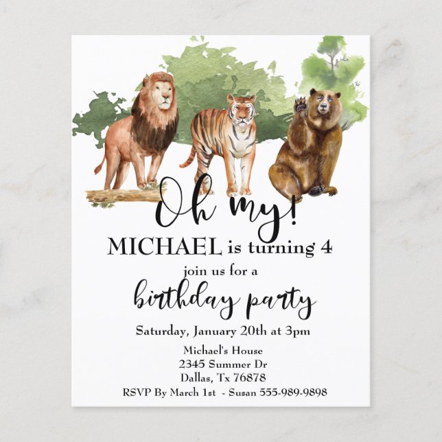 Flyer Lion Tigre Bear Oh Meu Tema Selvagem Aquarela Invi (Frente)