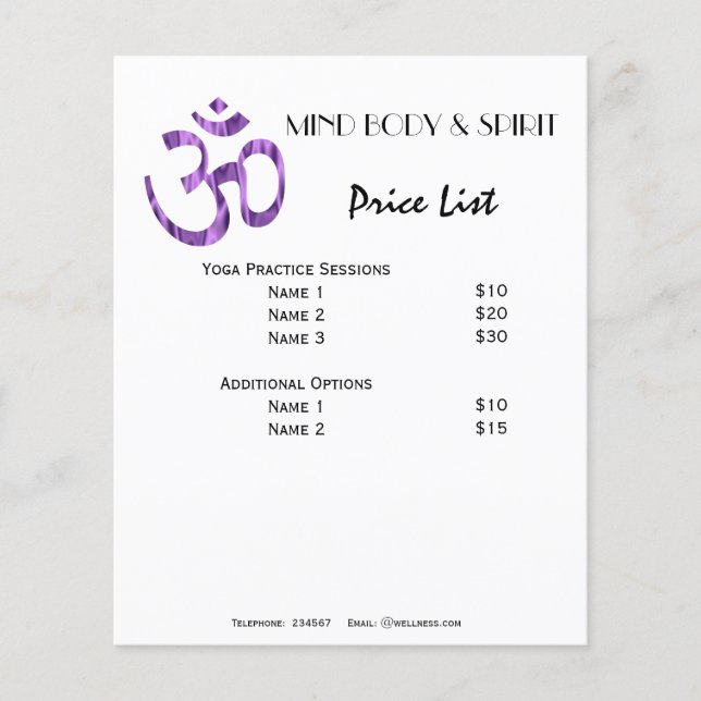 Flyer Lista de preços Aum Yoga Lista de preços A5 (Frente)