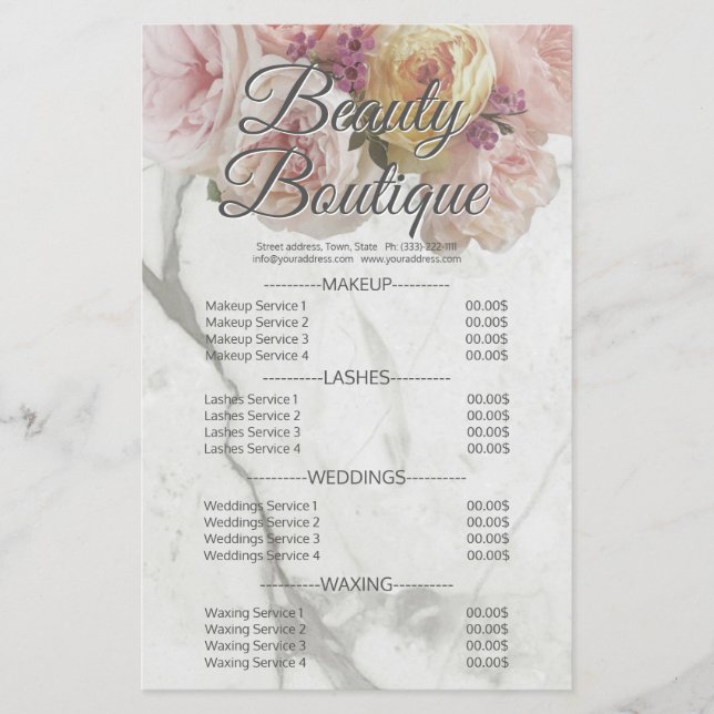 Flyer Lista de Preços Flor de Mármore da Beauty Boutique (Frente)