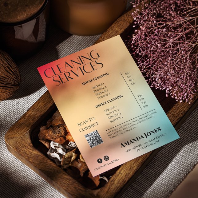 Flyer Lista de Preços Gradiente Holográfico de Serviços  (Cleaning Services Holographic Gradient Price List Flyer)