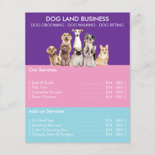 Flyer Lista de Preços para Tosa de Cães roxo azul Rosa
