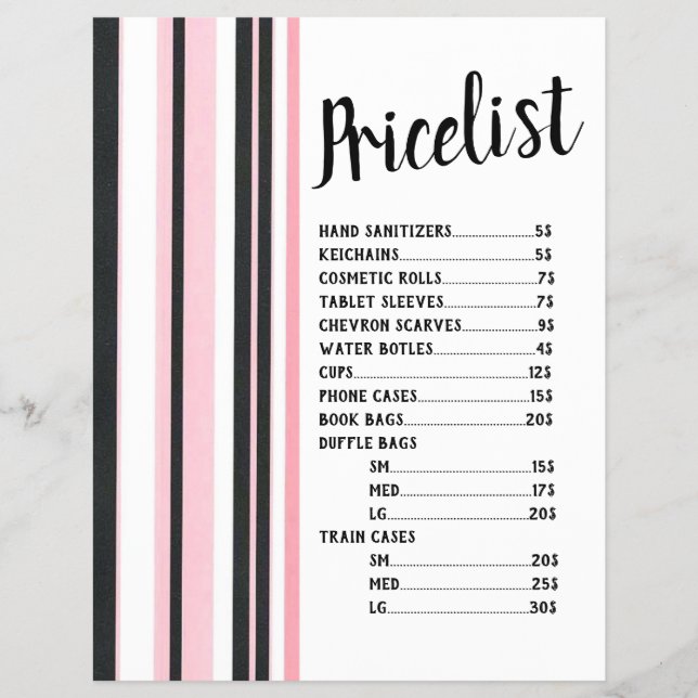 Flyer Lista de Preços Preta e Rosa Listrada (Frente)