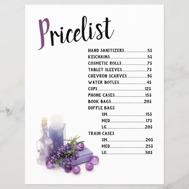 Flyer Lista de Preços Pretos e Lavandas (Frente)