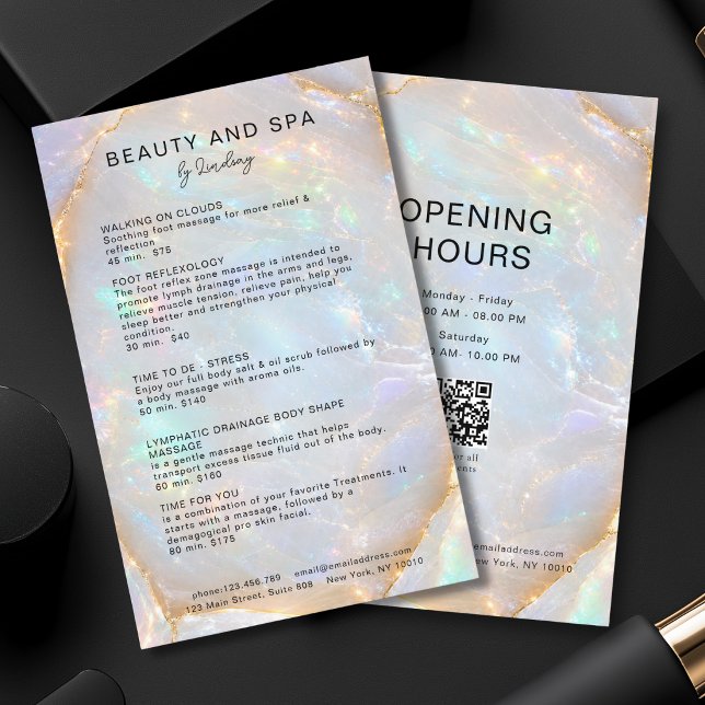 Flyer Lista de Preços QR Code Salão Opal Holographic Mar (Opal Holographic Marble Salon QR Code Pricelist Flyer)