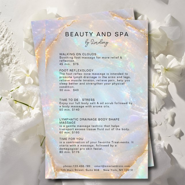 Flyer Lista de Preços Salão Opal Holográfico Mármore (Opal Holographic Marble Salon Pricelist Flyer)