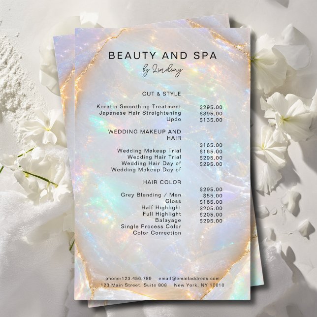Flyer Lista de Preços Salão Opal Holográfico Mármore (Opal Holographic Marble Salon Pricelist Flyer)