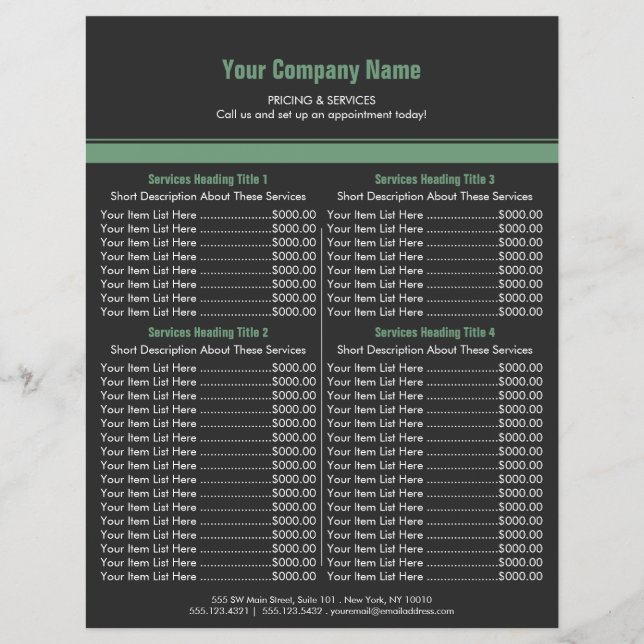 Flyer Lista de Preços Simples de Fronteira Verde da cinz (Frente)