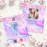 Flyer Logotipo comercial holográfico do código qr instag<br><div class="desc">Personalize e adicione o logotipo,  o nome,  o endereço,  o texto,  o seu próprio código QR à sua conta instagram. Fundo cor-de-rosa,  roxo,  azul,  holográfico decorado com confete. Voltar: adicione uma foto e conte a história sobre sua marca.</div>