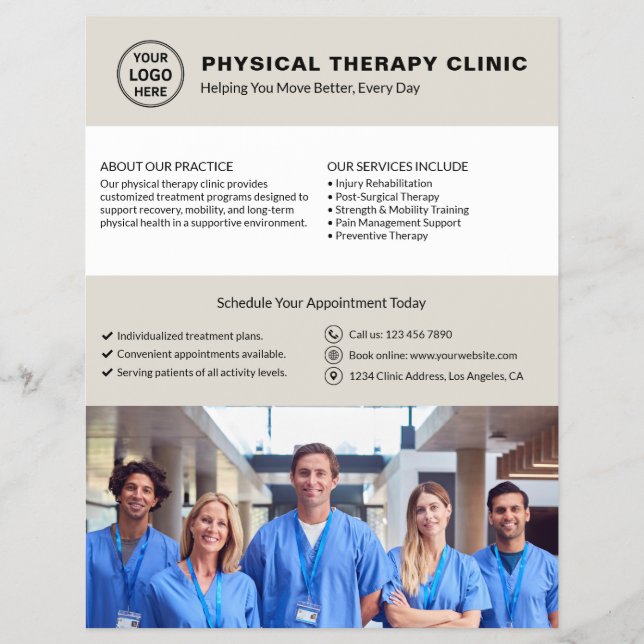 Flyer Logotipo de Clínica de Fisioterapia QR Neutro Bege (Frente)
