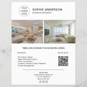 Flyer Logotipo de Designer de Interiores Foto QR Branco 