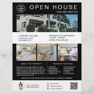 Flyer Logotipo de Foto QR Preto e Branco de Casa Aberta
