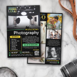 Flyer Logotipo de fotografia profissional da casa amarel<br><div class="desc">Folheto de marketing preto para um fotógrafo profissional personalizado com suas fotos, logotipos, informações de contato, texto personalizado e código QR. Adicione seu trabalho a este folheto promocional para um negócio profissional de fotografia com amarelo brilhante e verde-menta como cores de sotaque. Adicione suas especialidades e ofertas e promoções de...</div>