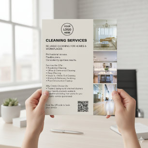 Flyer Logotipo de QR de Serviços de Limpeza Neutra Moder
