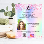 Flyer Logotipo holográfico de foto qr instagram<br><div class="desc">Personalize e adicione seu logotipo de empresa,  nome,  endereço,  texto,  foto,  seu próprio código QR à sua conta instagram. Cor-de-rosa-claro,  roxo,  ouro-rosa,  verde-menta,  fundo holográfico decorado com faíscas de brilho sujo.</div>